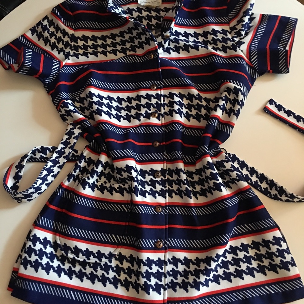 VTG 60 70 MOD Tie Waist Top Red Blue Stripes - Picture 15 of 16